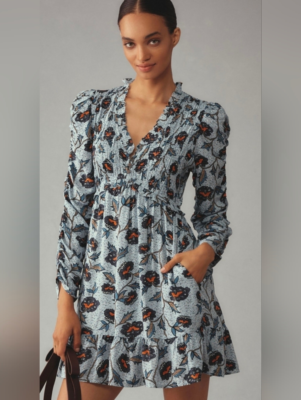 Anthropologie Light Blue Floral V-Neck Mini Dress Small